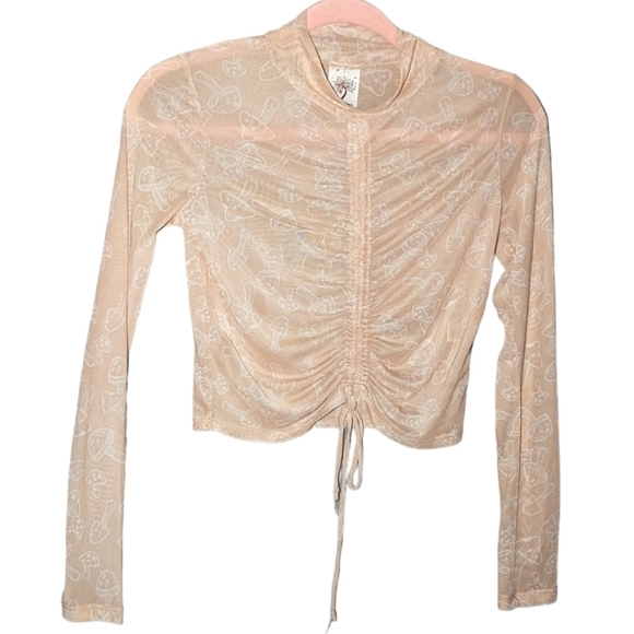 S • Self Esteem • Mushroom Sheer Crop Long Sleeve Ruched Drawstring Top - Picture 1 of 4